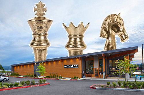Maynard's Restaurant with giant golden chess pieces — home of the Four-4-Danya Quads