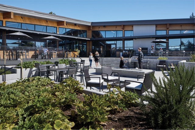 Outdoor patio seating at Maynard's